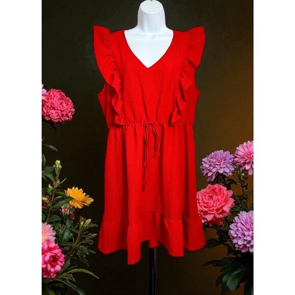 Shein Curve Red V-Neck Ruffled Dress Sz 1XL Sleeveless Elastic Waist Knee Length - Picture 2 of 8